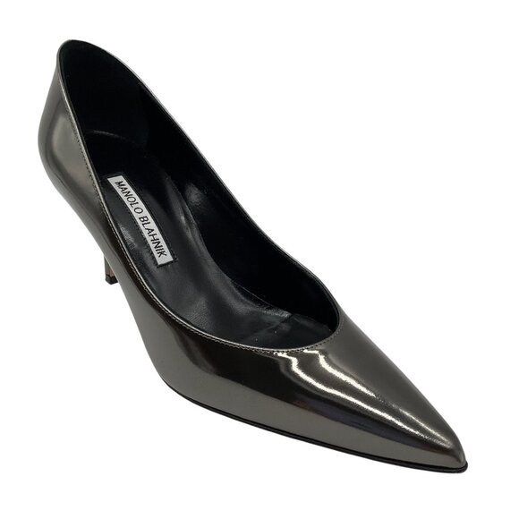 Manolo Blahnik Gunmetal Anthracite Pointed Toe Patent Leather Pumps